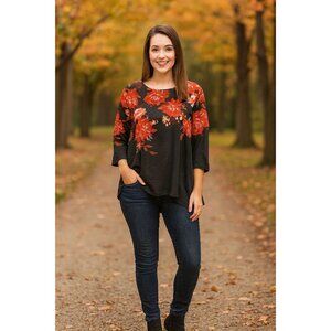 Lomon Floral Tunic Top M  Black Red Rose 3/4 Sleeve Relaxed Fit Cottagecore